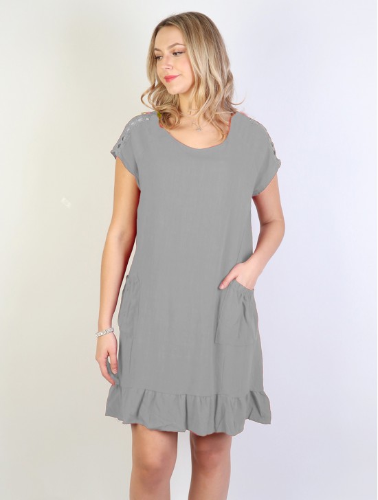Shift Dress with Flowncy Edge.Cut-out Shoulder and Pockets